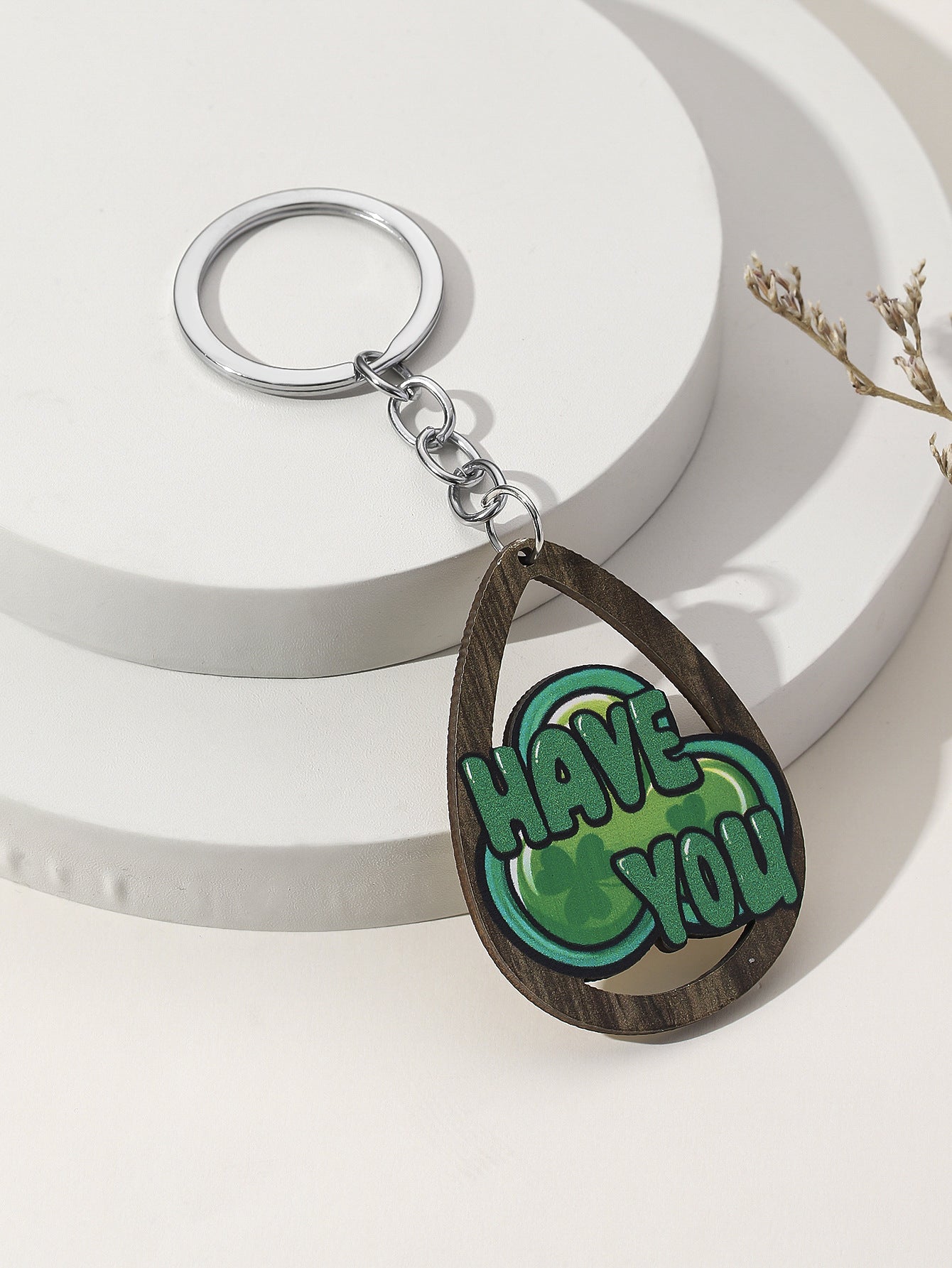 Wholesale St. Patrick's Day Green Water Drop Clover Wooden Keychain